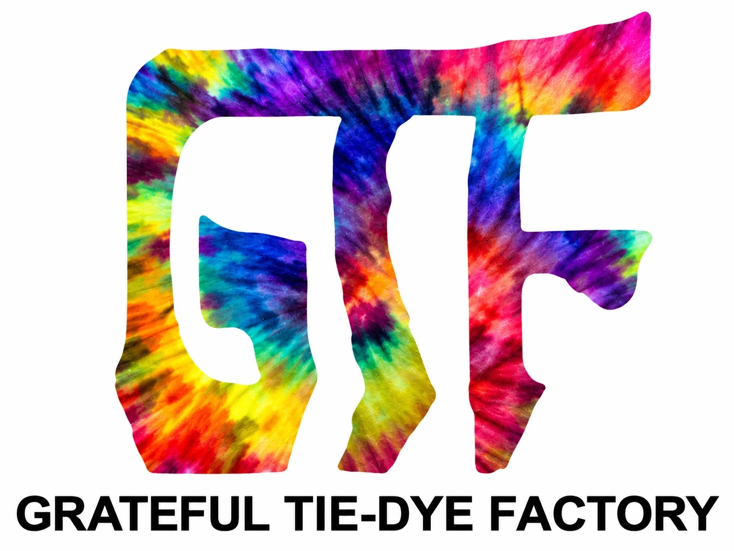 GRATEFUL TIE-DYE FACTORY のロゴ。タイダイ模様で描かれた GTF の文字